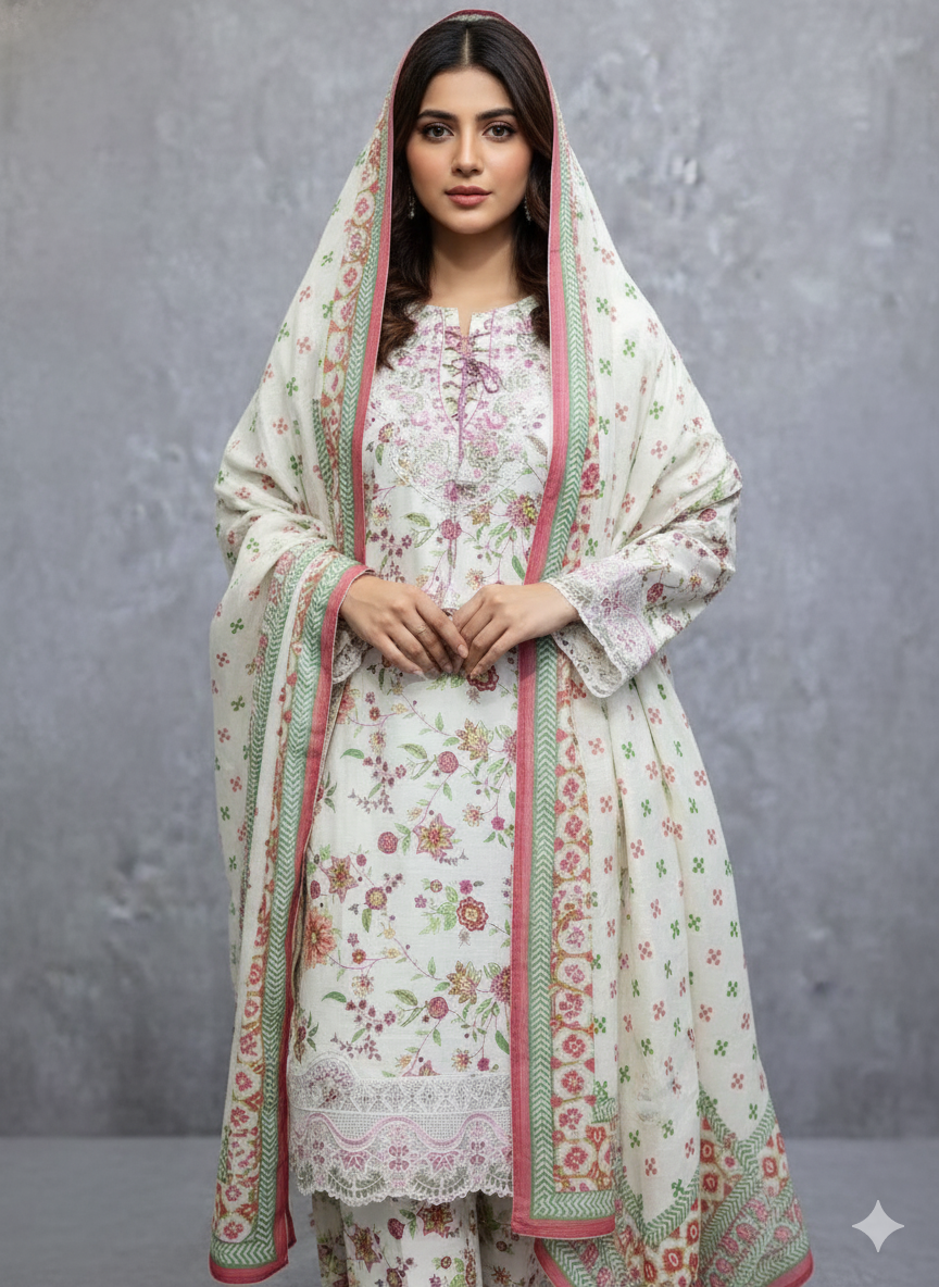 White Floral Print 3-Piece Suit with Geometric Dupatta
