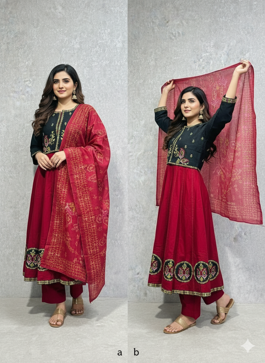 Elegant Red & Black Embroidered Anarkali Suit Set