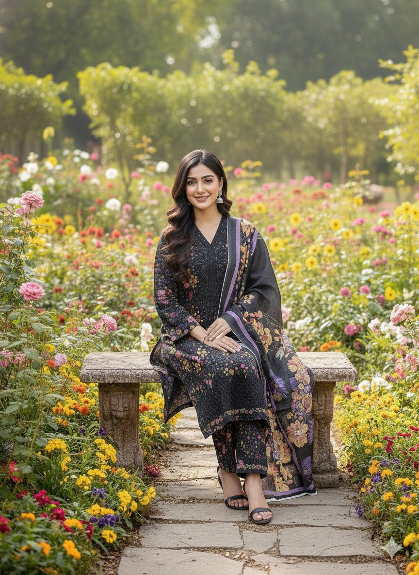 3-Piece Enchanted Garden Black Cambric Stitched Suit