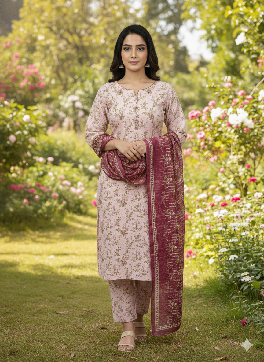Blush Pink Khaddar Floral Print Dress with Maroon Dupatta | Bin Saeed Brand