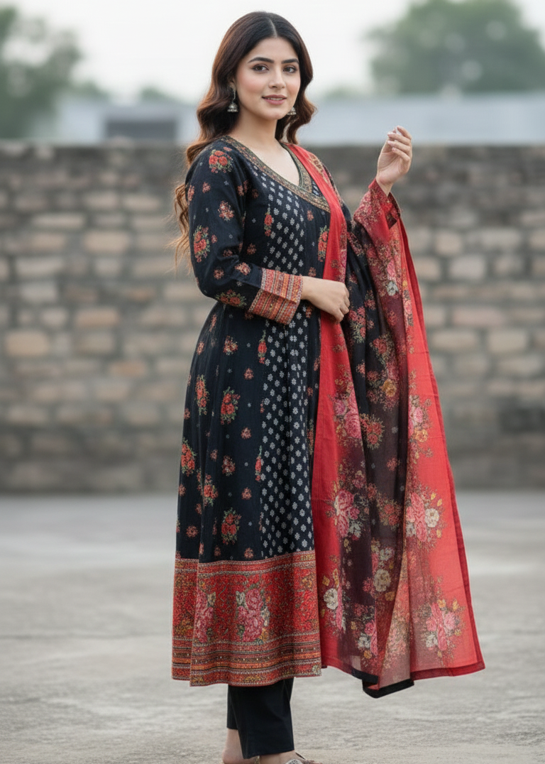 Midnight Bloom – 3-Piece Printed Stitched Khaddar Frock Set