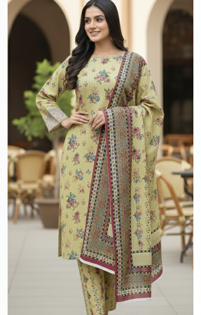 Printed Self-Jacquard 3-Piece Stitched Suit for Everyday Chic