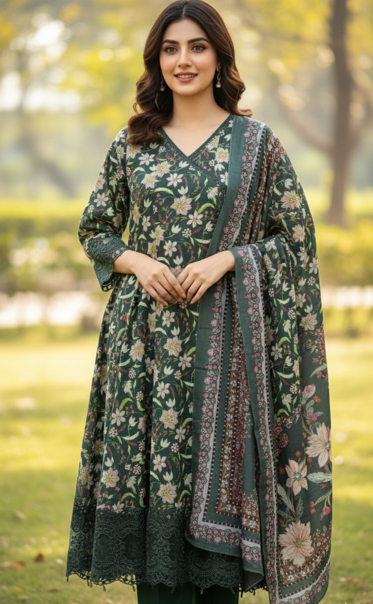 Khaddar 3-piece Stitched Printed Frock with Trousers and Dupatta