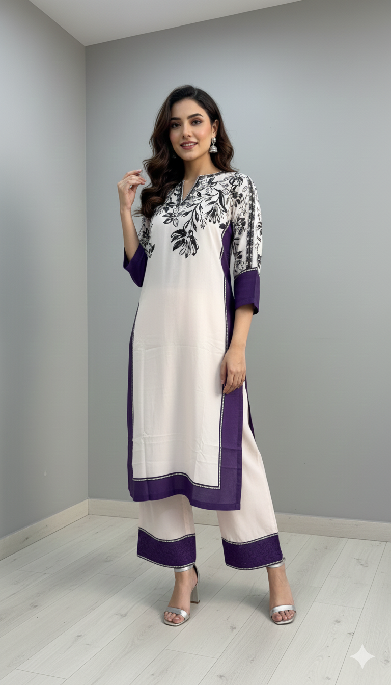 Luxury Floral Printed Silk Tunic and Trouser 2-Pc Stitched Suit