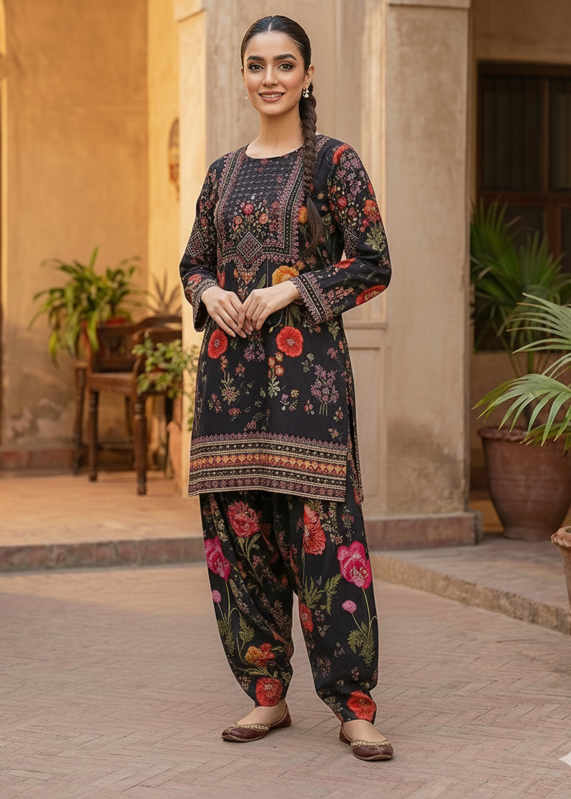 Black Self Printed Jacquard Kurta with Farshi Shalwar & Dupatta