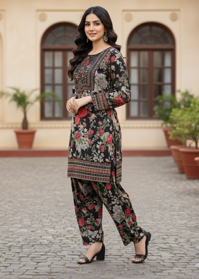Premium Self Jacquard Ensemble: Floral Kurti & Farshi Shalwar