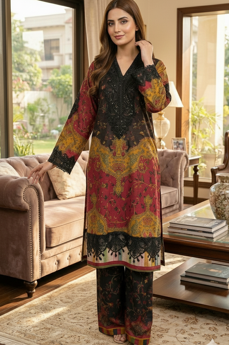 Luxury Cotrai Embroidered Black & Maroon Suit with Palazo - 3-Piece stitched