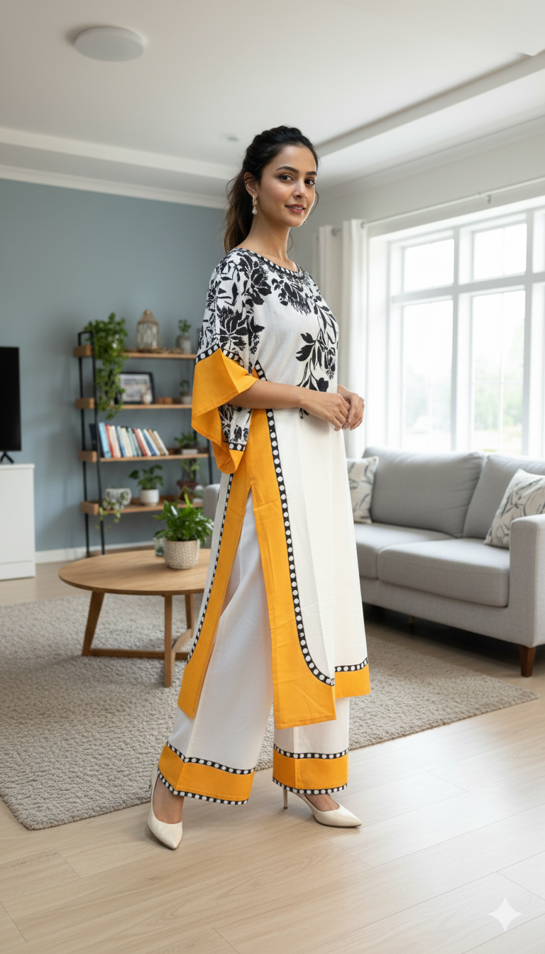 Printed Silk 2-Pc Silk Dress with Orange Trim and Black Floral Print