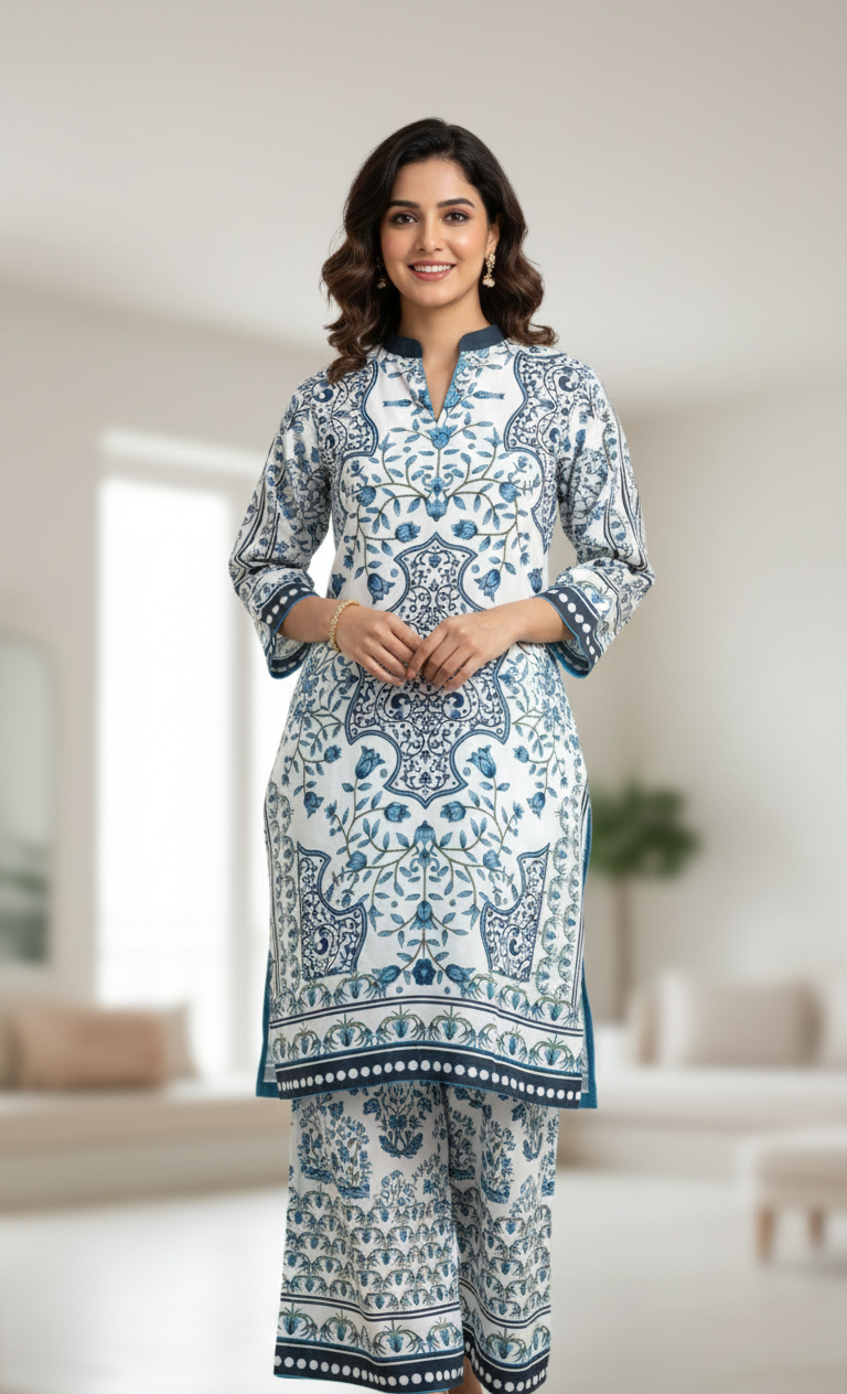 Designer Blue & White Silk Printed Straight 2-Piece Stitched Dress