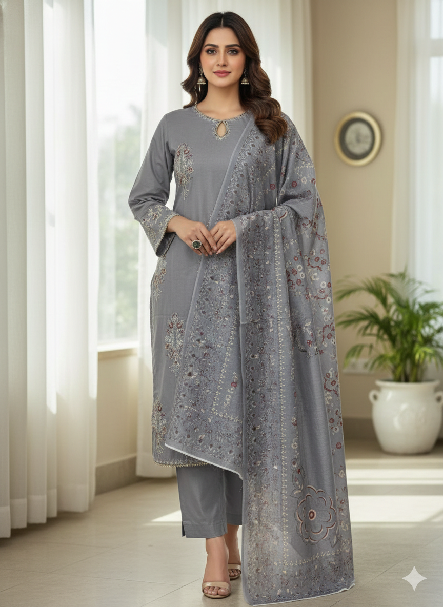 3-piece Stitched Grey Embroidered Cambric Suit | Diamond Dupatta