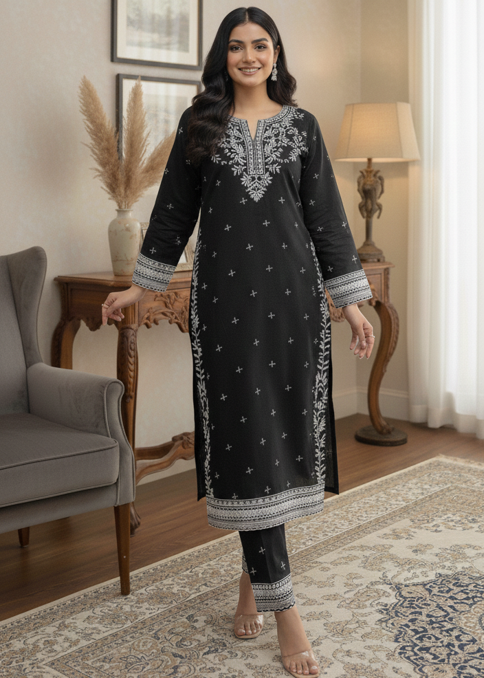 Black & White Embroidered Self Jacquard Suit – 3 Piece stitched