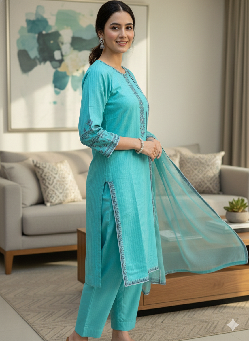 Elegant Self-Printed Jacquard 3-Piece stitched Suit with Pure Dupatta