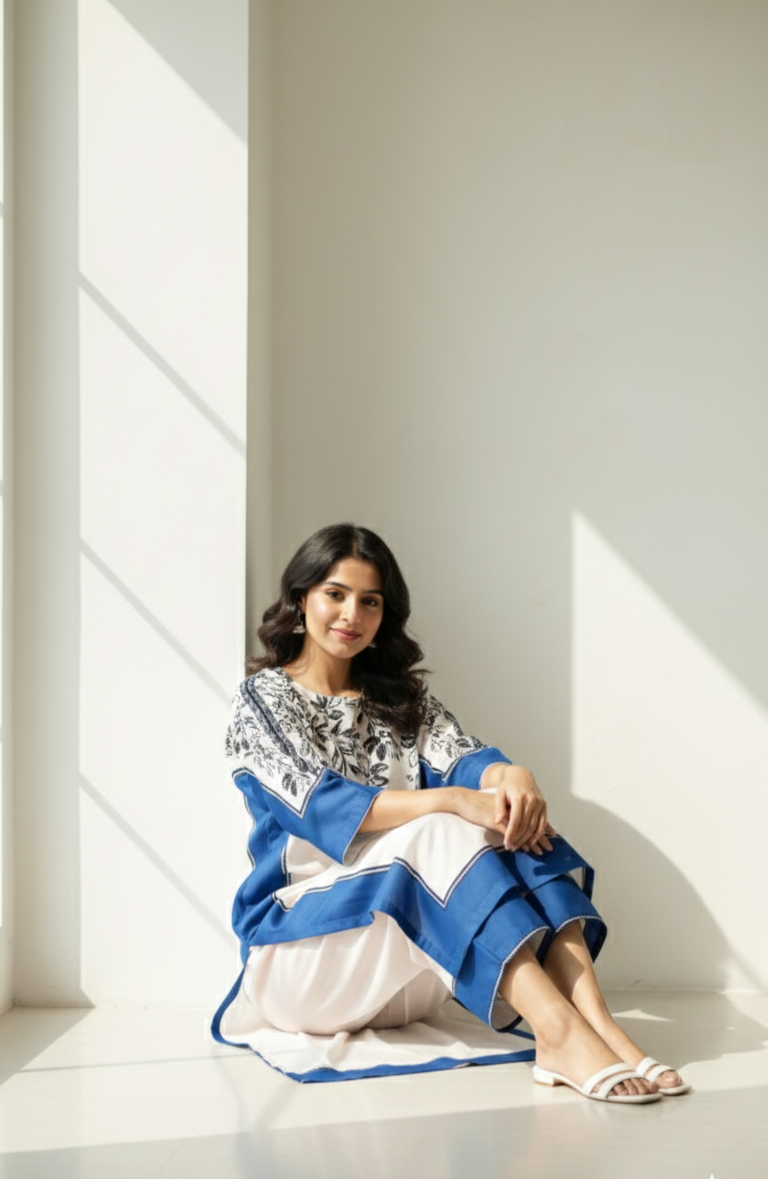 Chic Black & Blue Floral Printed Silk 2-Pc Stitched Dress