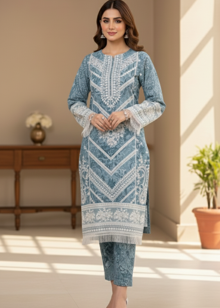 Women’s Blue Embroidered Cambric 3-Piece Stitched Suit