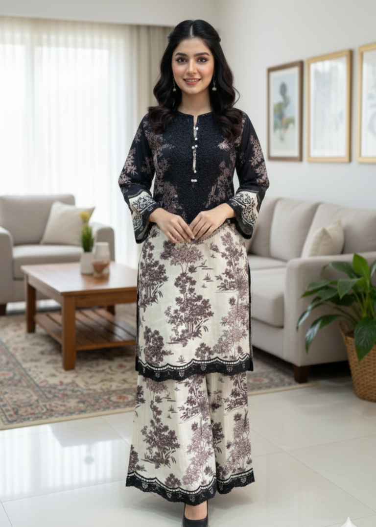 Landscape Print Cambric Shirt & Palazzo Set with Dupatta | 3-Piece Stitched Dress