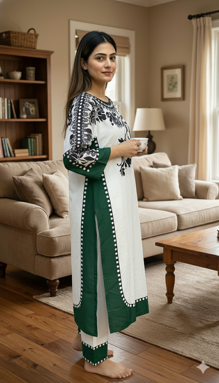 Emerald Green Border with Chic Black & White Floral Printed Silk 2-Pc Dress