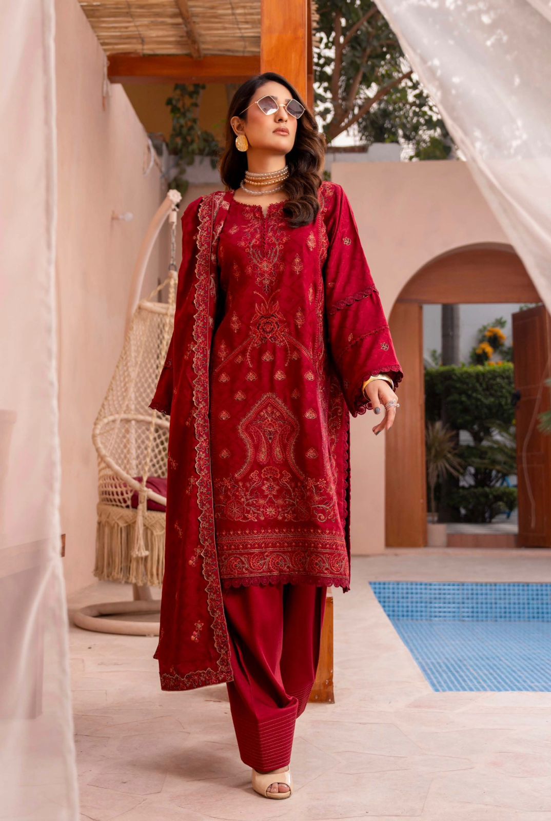 Premium Embroidered Peach Slub 3 Piece Unstitched Winter Dress