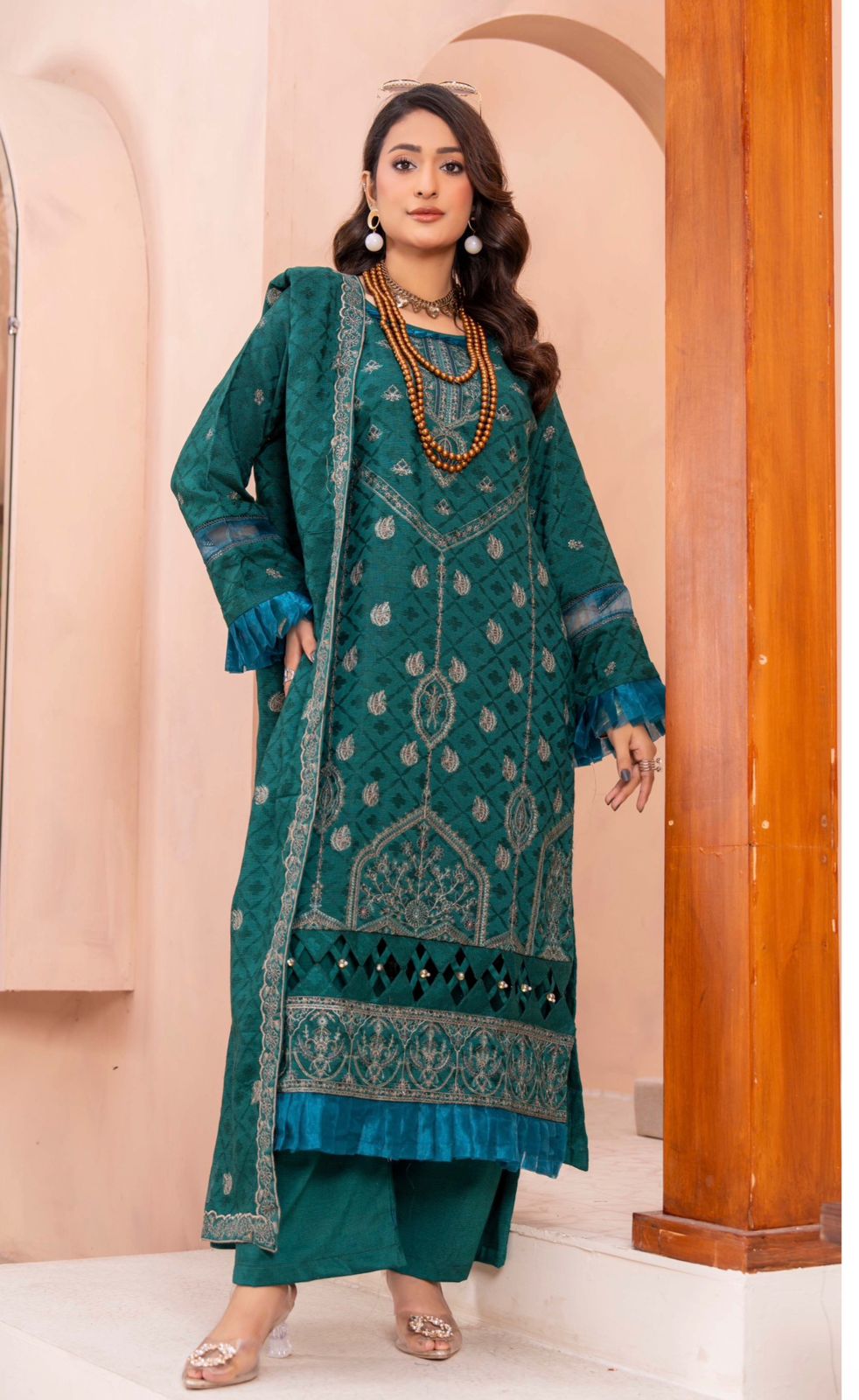 Premium Embroidered Peach Slub 3 Piece Unstitched Winter Dress