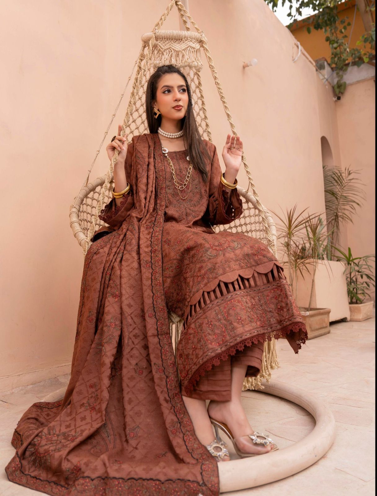 Premium Embroidered Peach Slub 3 Piece Unstitched Winter Dress