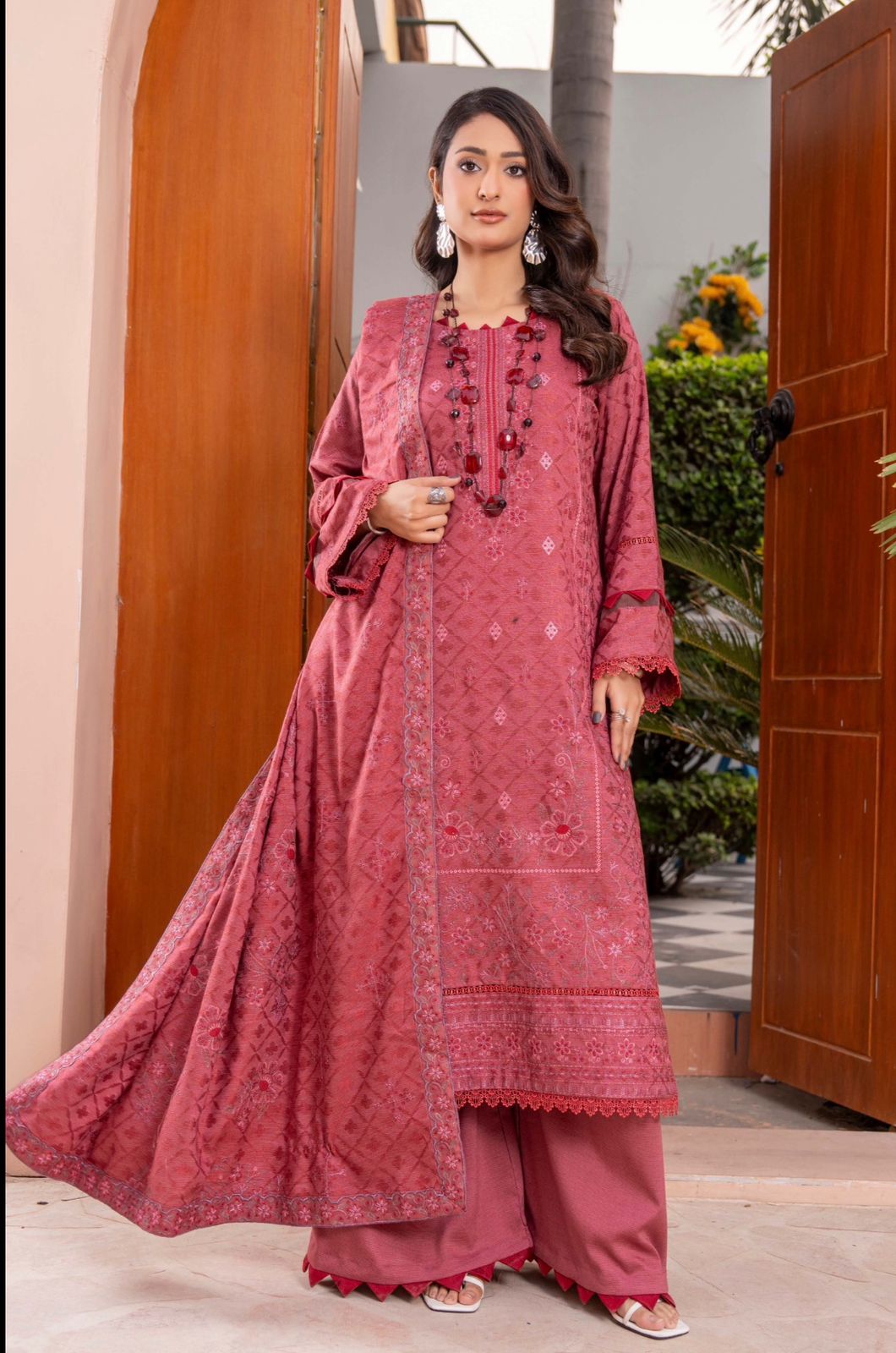 Premium Embroidered Peach Slub 3 Piece Unstitched Winter Dress