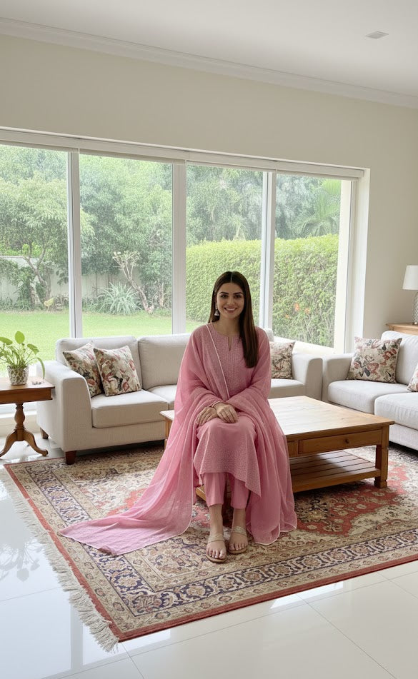 Blush Pink Embroidered Cambric Cotton 3-Piece Stitched Suit