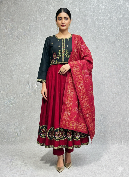 Elegant Red & Black Embroidered Anarkali Suit Set
