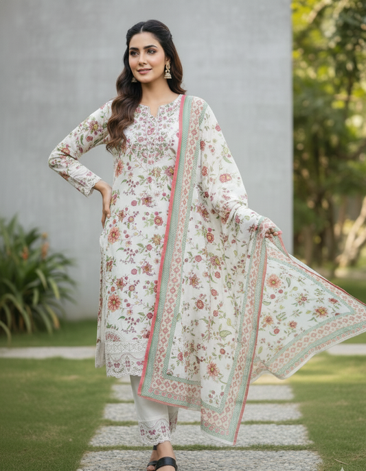 White Floral Print 3-Piece Suit with Geometric Dupatta