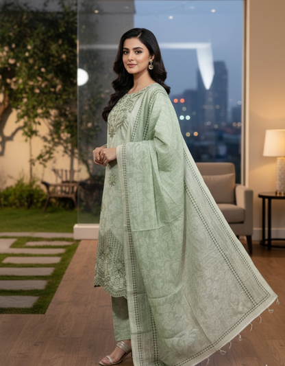 3-Piece Sage Green Embroidered Lawn Suit with Cutwork