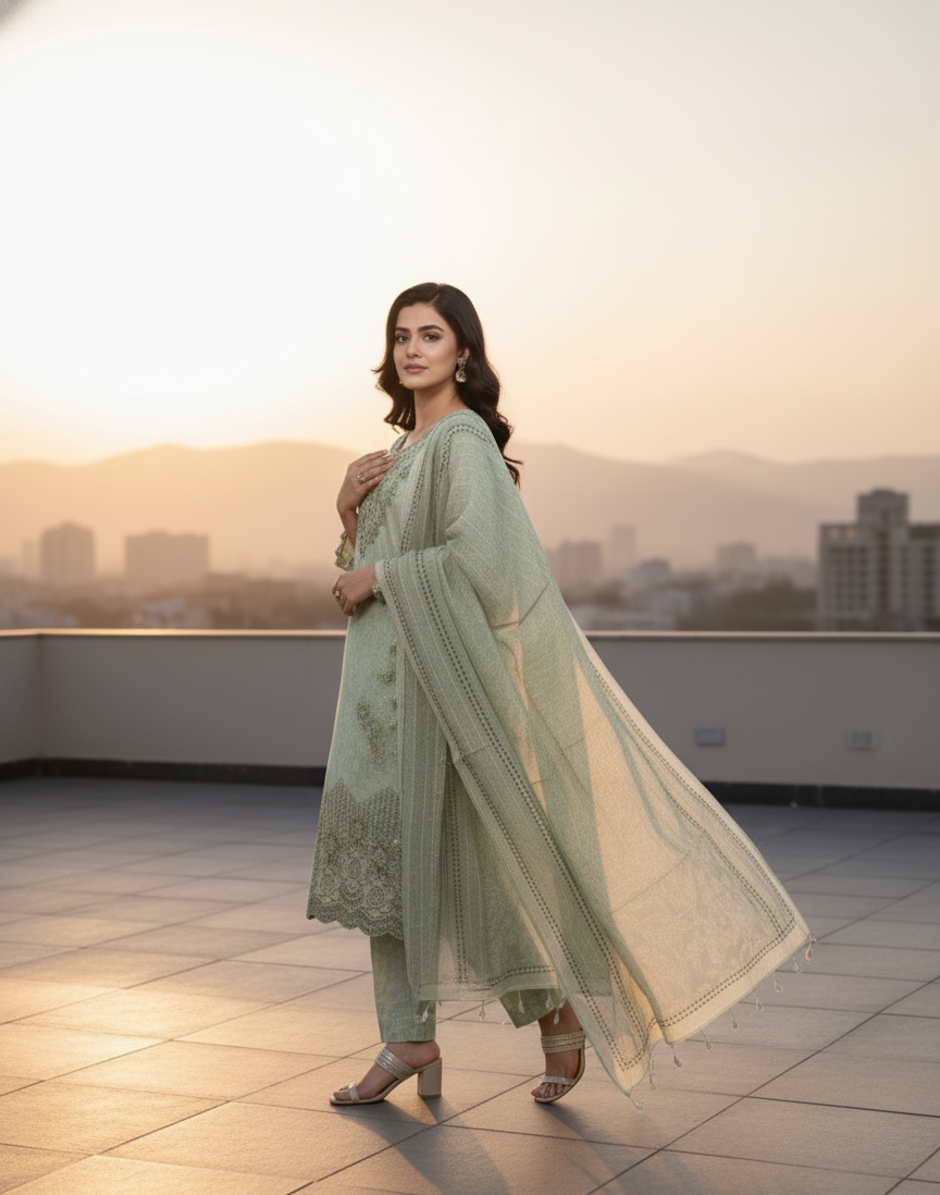 3-Piece Sage Green Embroidered Lawn Suit with Cutwork