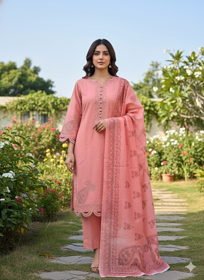 3-Piece Stitched Embroidered Cambric Suit