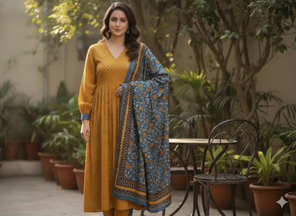 Mustard Khaddar A-Line Suit with Printed Teal Dupatta| Bin Saeed Brand