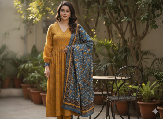 Mustard Khaddar A-Line Suit with Printed Teal Dupatta| Bin Saeed Brand