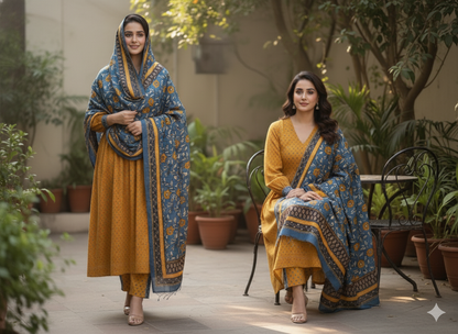 Mustard Khaddar A-Line Suit with Printed Teal Dupatta| Bin Saeed Brand