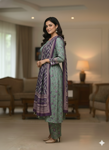 Premium Khaddar Printed Suit Set with Contrast Dupatta | Bin Saeed Brand