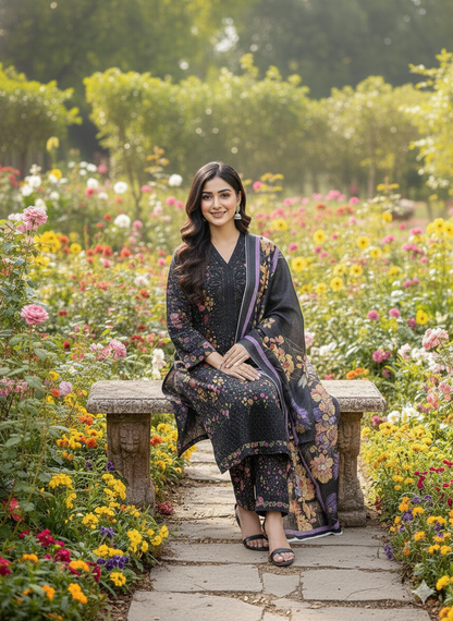 3-Piece Enchanted Garden Black Cambric Stitched Suit
