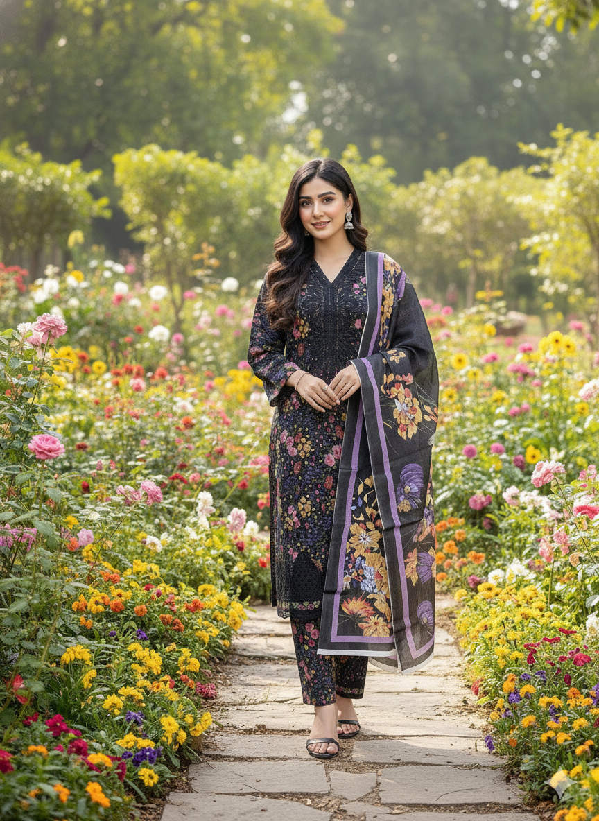 3-Piece Enchanted Garden Black Cambric Stitched Suit