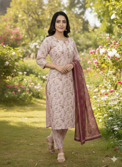 Blush Pink Khaddar Floral Print Dress with Maroon Dupatta | Bin Saeed Brand