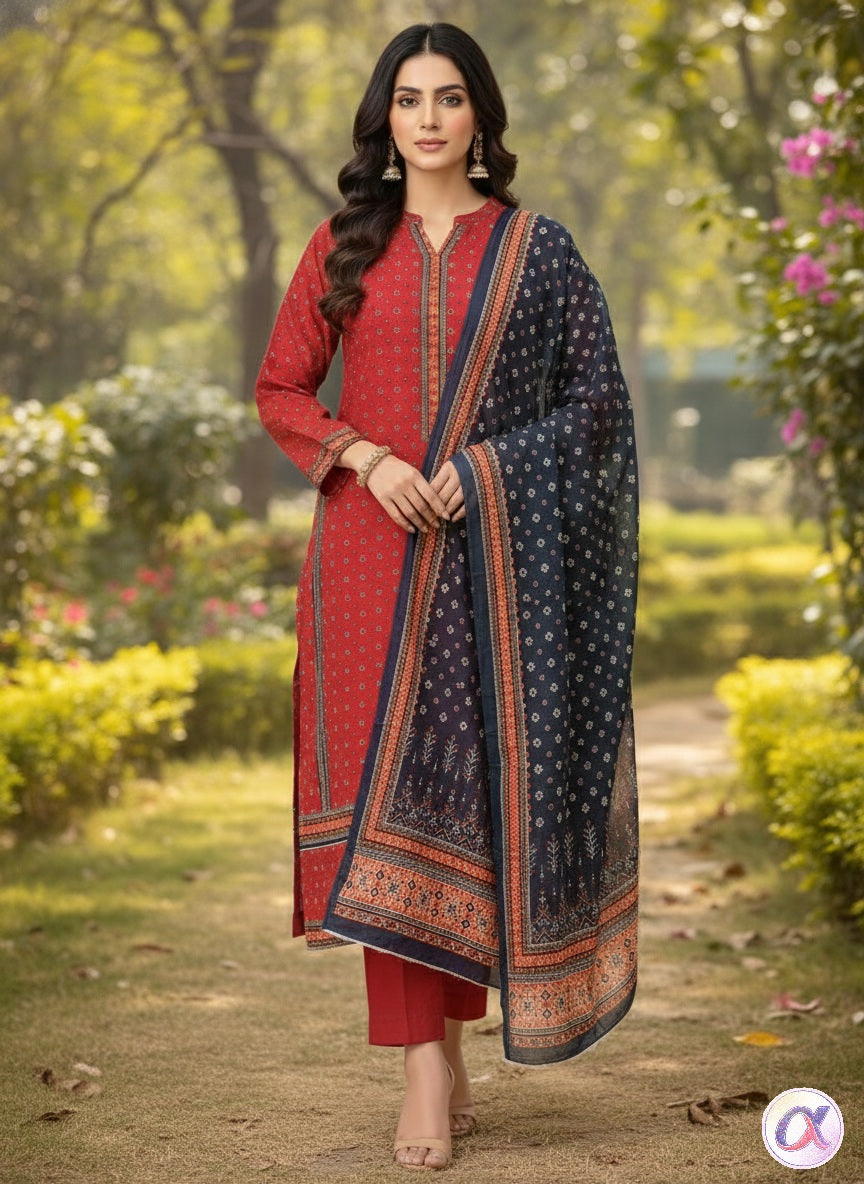 Luxury Printed Khaddar Suit with Bordered Dupatta- Unstitched 3 PC | Bin Saeed Brand