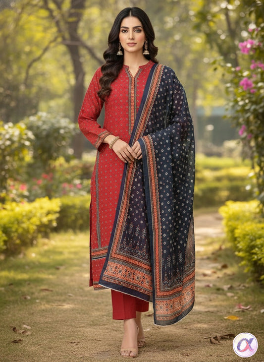 Luxury Printed Khaddar Suit with Bordered Dupatta- Unstitched 3 PC | Bin Saeed Brand