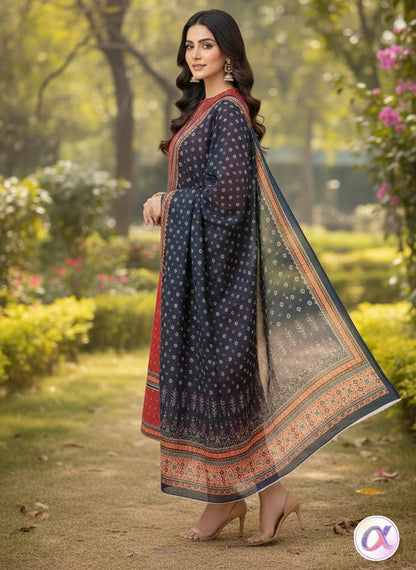 Luxury Printed Khaddar Suit with Bordered Dupatta- Unstitched 3 PC | Bin Saeed Brand