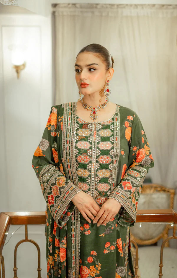 ANEELAS Silk Print Green 3-Piece Unstitched Dress