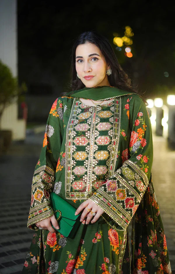 ANEELAS Silk Print Green 3-Piece Unstitched Dress