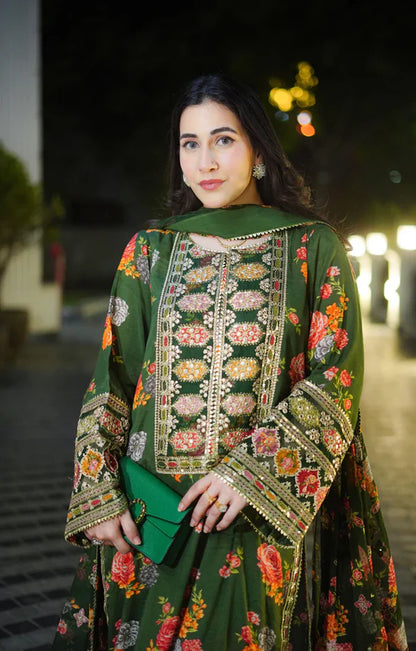 ANEELAS Silk Print Green 3-Piece Unstitched Dress