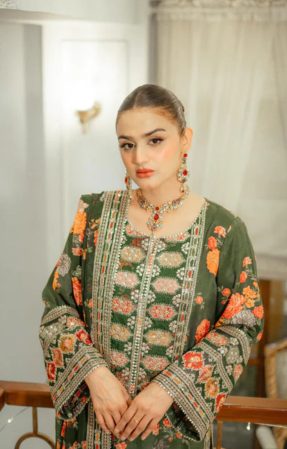 ANEELAS Silk Print Green 3-Piece Unstitched Dress