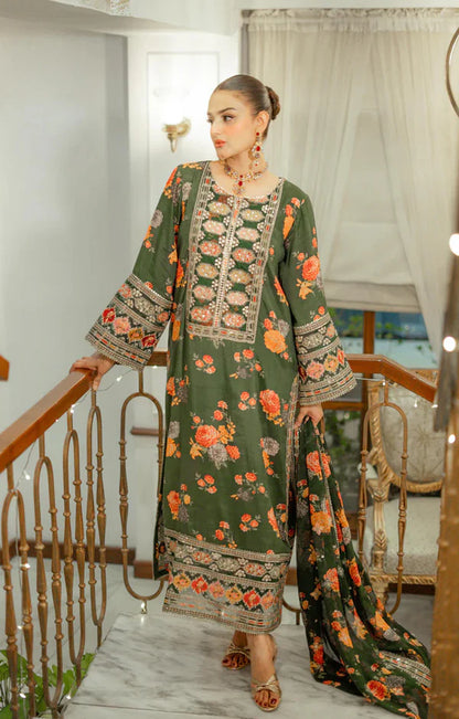 ANEELAS Silk Print Green 3-Piece Unstitched Dress