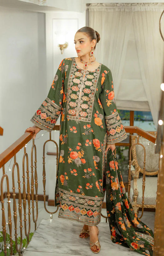 ANEELAS Silk Print Green 3-Piece Unstitched Dress