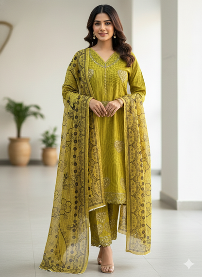 Lime Green Crinkle Textured Embroidered 3-Piece Suit