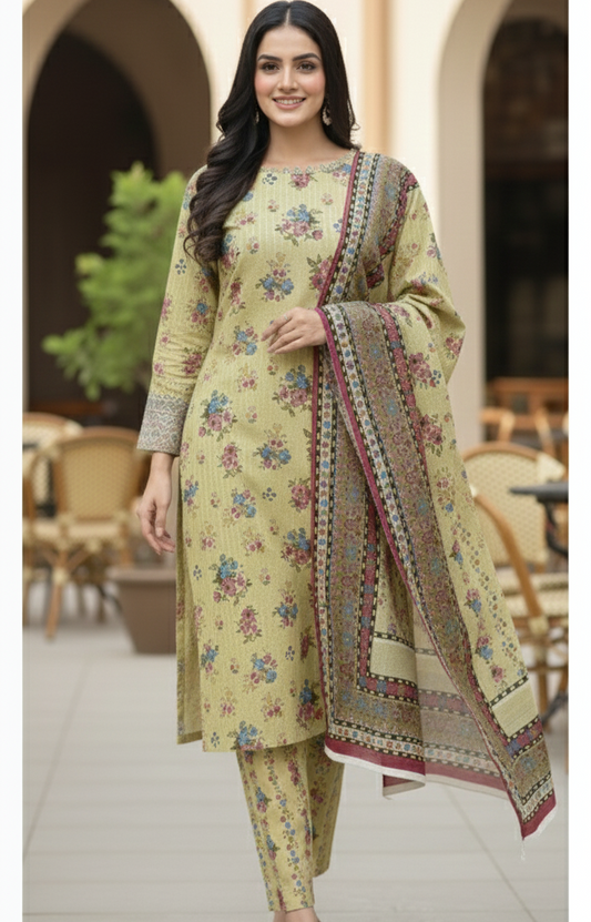 Printed Self-Jacquard 3-Piece Stitched Suit for Everyday Chic