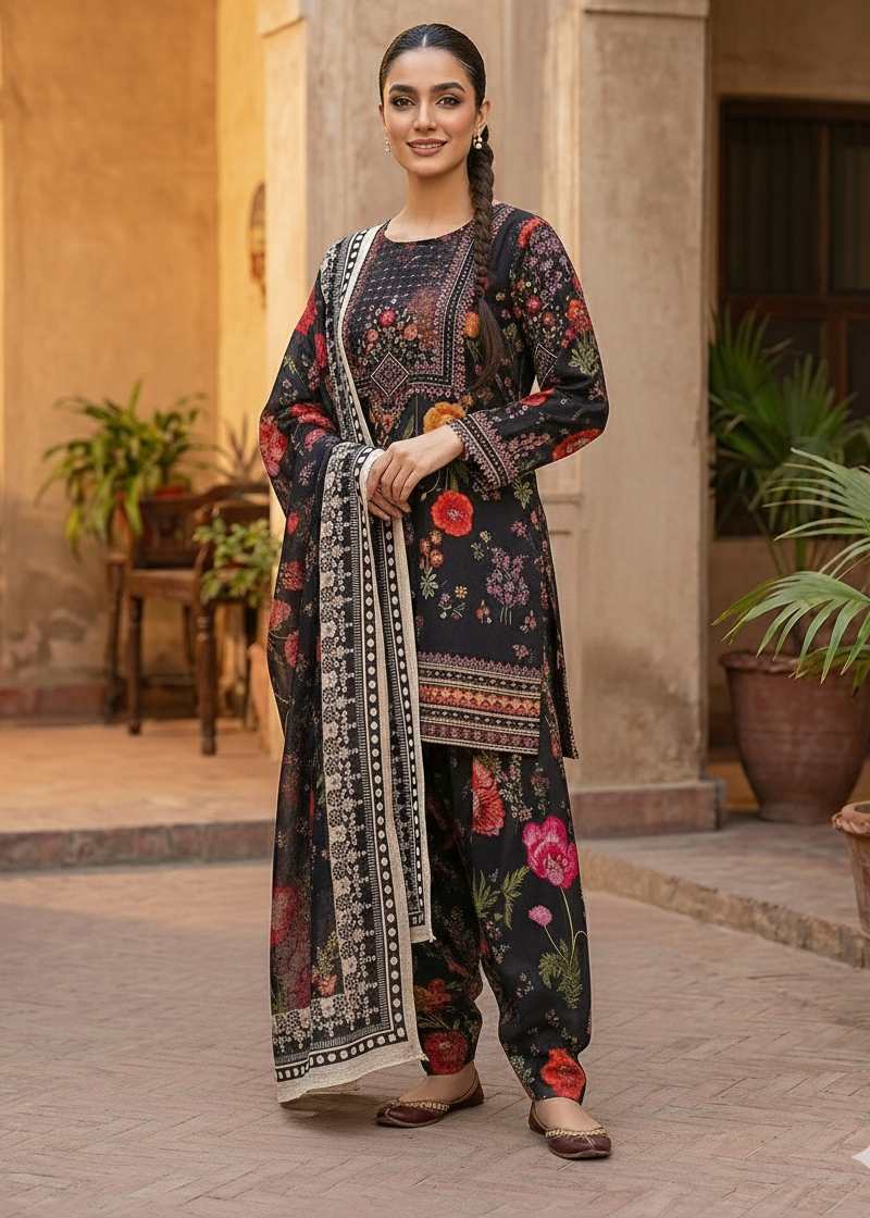 Black Self Printed Jacquard Kurta with Farshi Shalwar & Dupatta