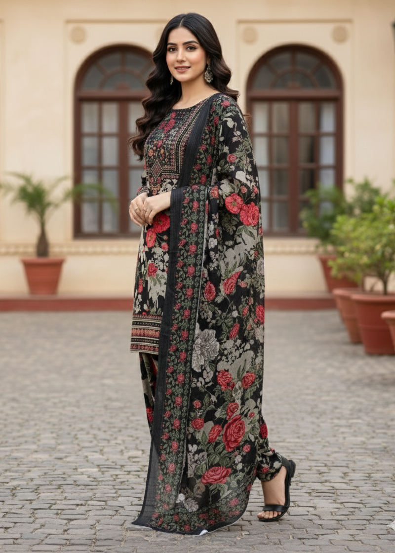 Premium Self Jacquard Ensemble: Floral Kurti & Farshi Shalwar